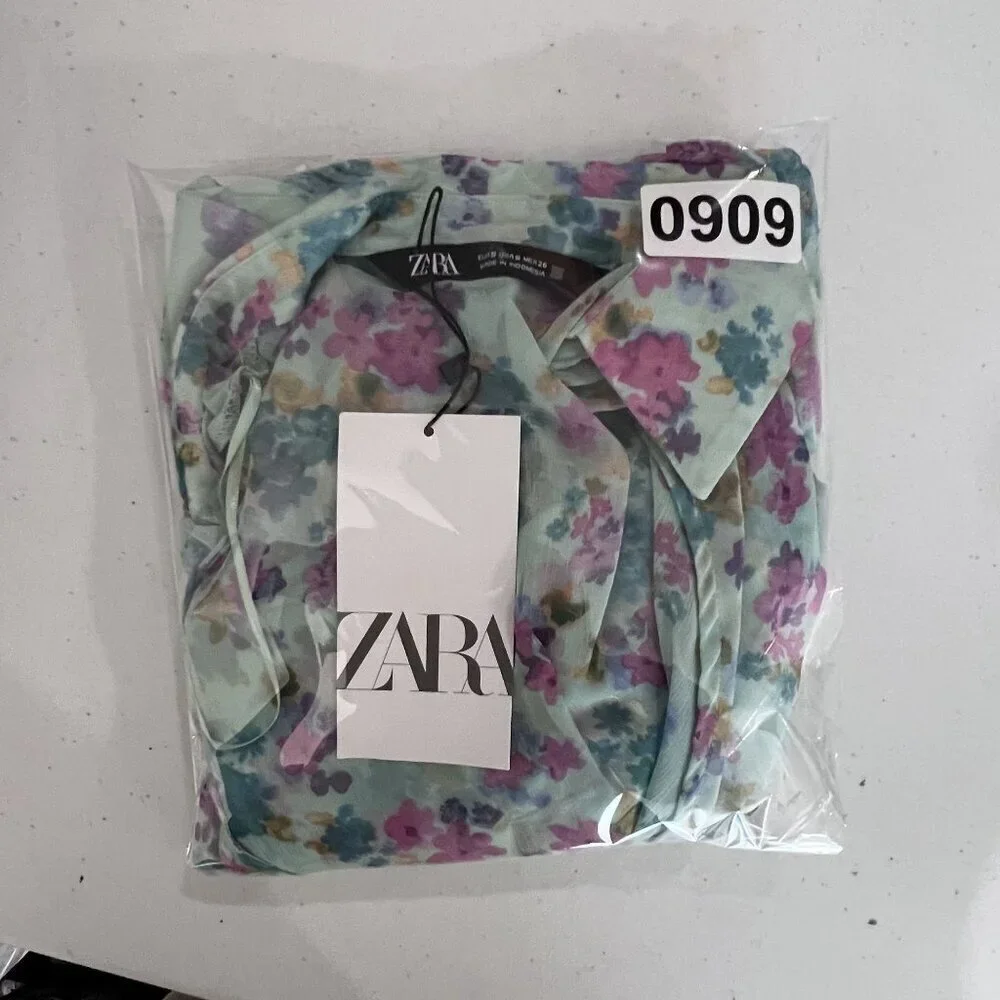Zara NWT Womens S Floral Wrap Blouse Bell Sleeves Fairy Pastel Chiffon Crop Top - Picture 15 of 15